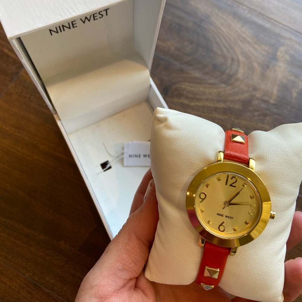 NEW/TAGS! Nine West Watch, Leather, Gold Studs